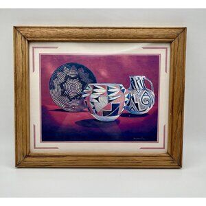 Vintage 80s G.W. Williams Southwestern Pottery Lithograph Oak Frame Wall Art USA